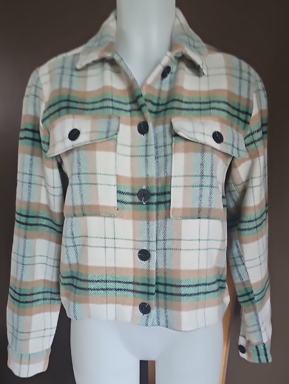 Buffalo David Bitton Plaid Button-Front Jacket in Cream, Tan & Green